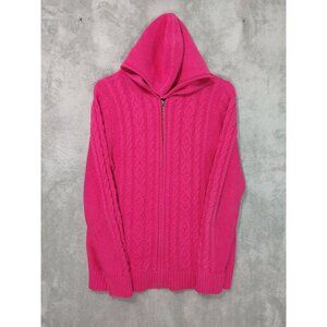 LL Bean Sweater Womens Medium Pink Cable Knit Cardigan Full Zip Hooded Fisherman